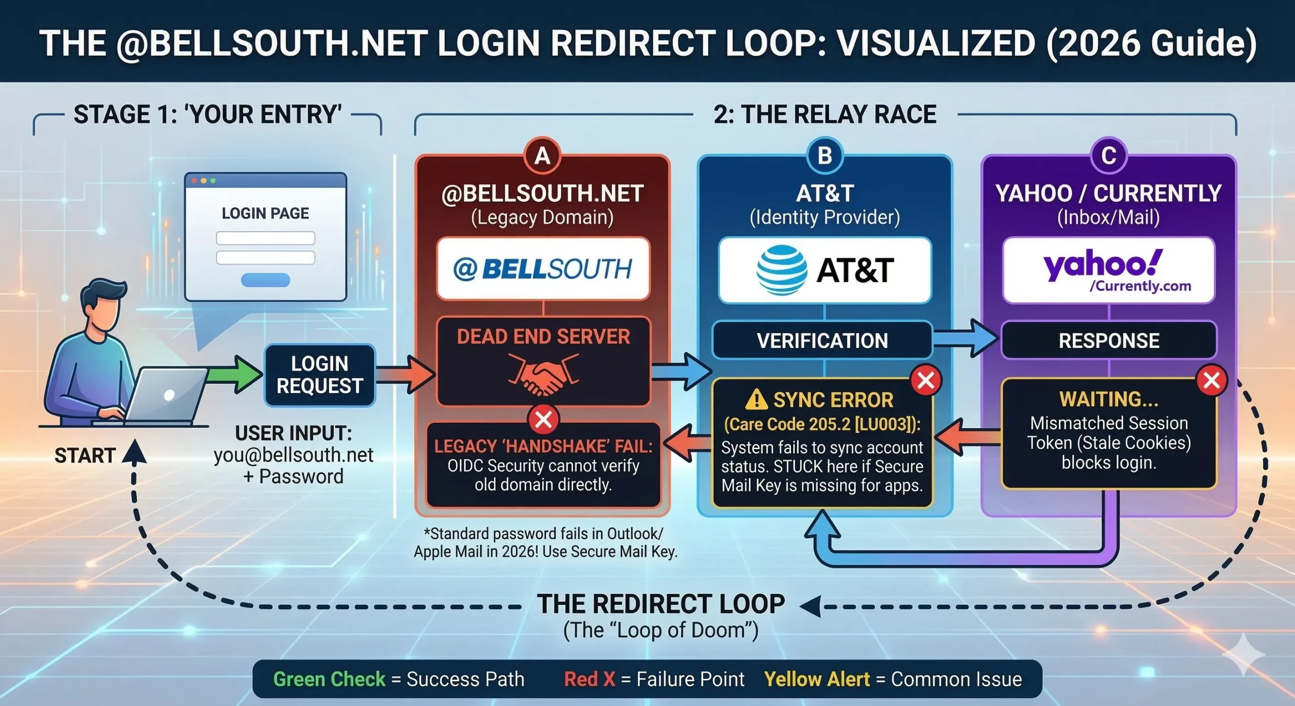 Detailed infographic visualizing the BellSouth email AT&T login redirect loop process. The diagram illustrates how a 'handshake failure' between BellSouth’s legacy domain and AT&T’s modern OIDC security forces the user into an endless cycle of log-in screens