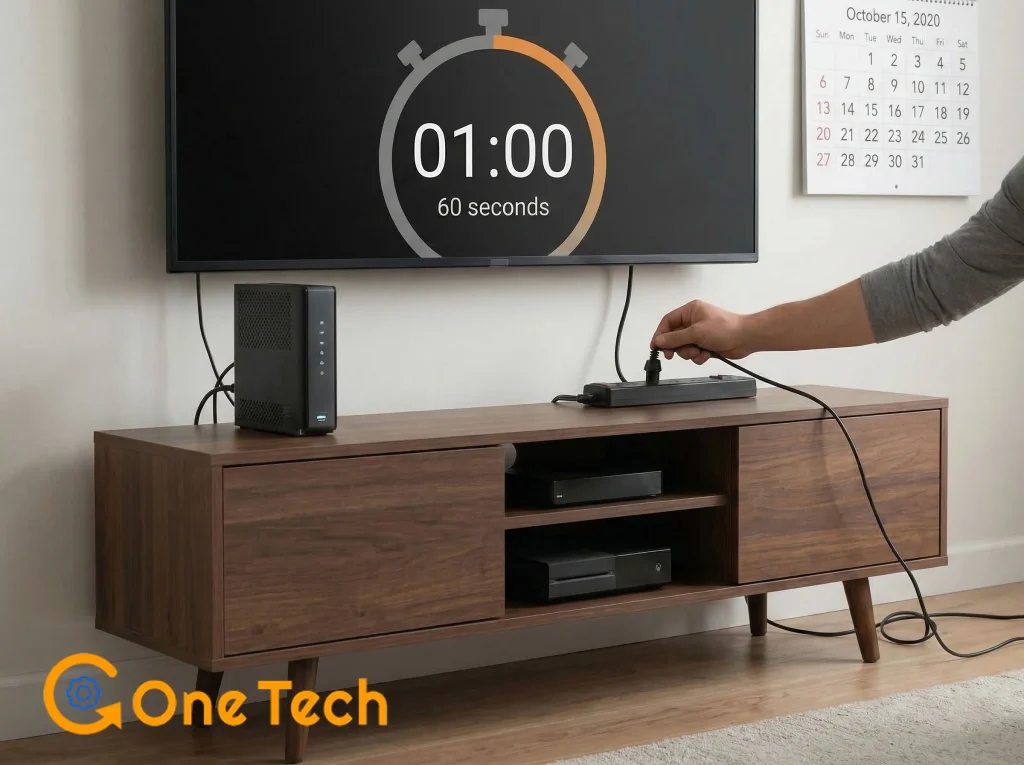 Man unplugging a Smart TV and Wi-Fi Mesh router from the wall to fix Hulu Error 504 Gateway Timeout and reset network handshake.