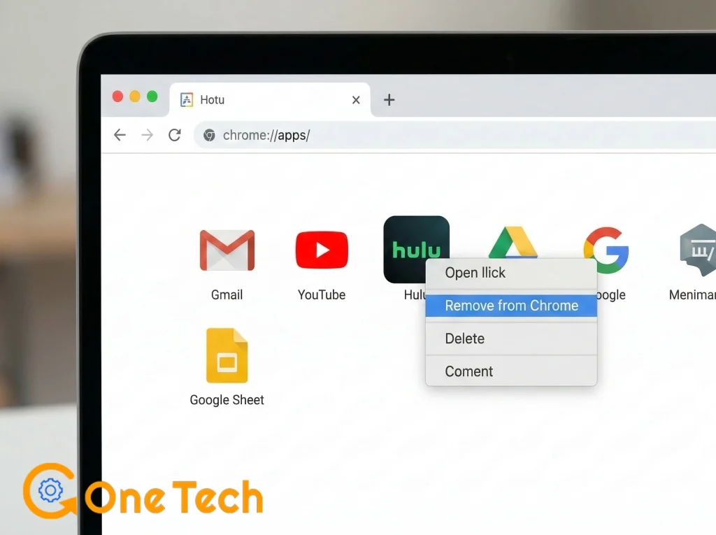 Removing the Hulu Progressive Web App from Chrome apps menu to fix corrupted app data and 500 series internal server errors.