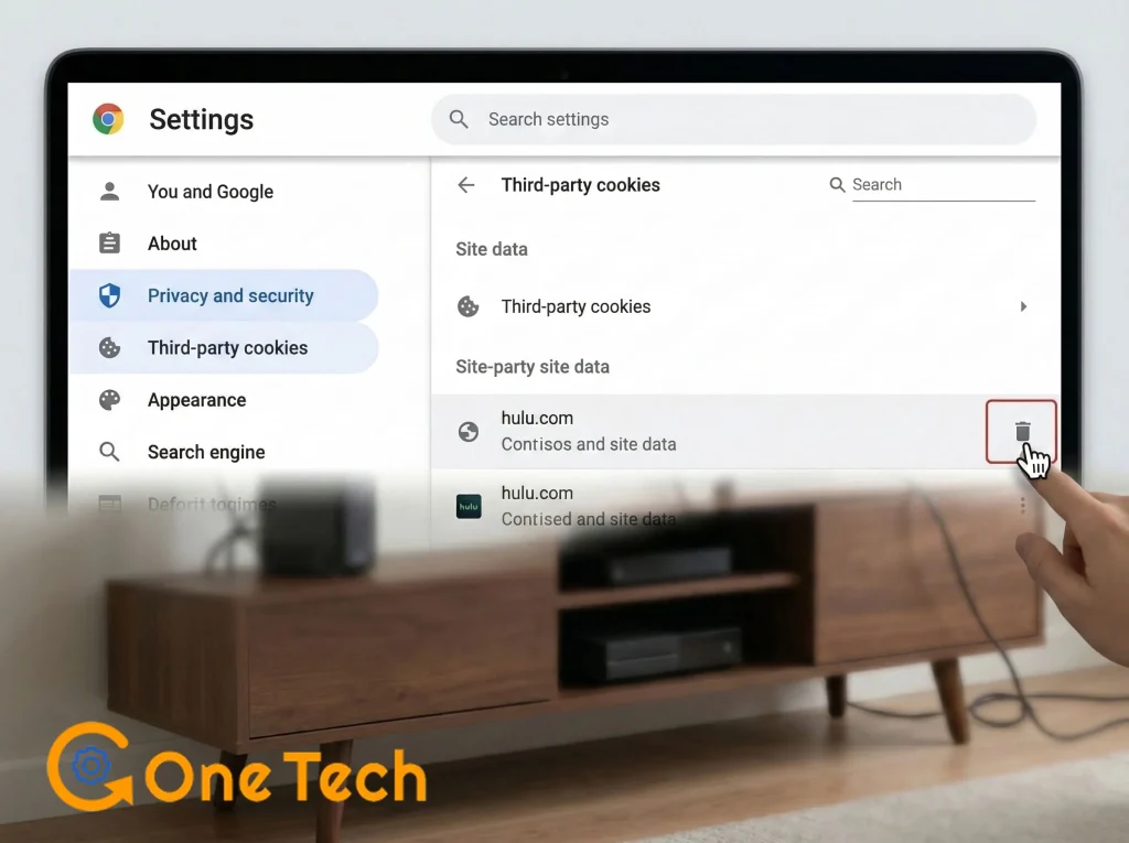 Chrome Privacy and Security settings page deleting Hulu third-party cookies to fix Disney Plus bundle sync and Error 500.