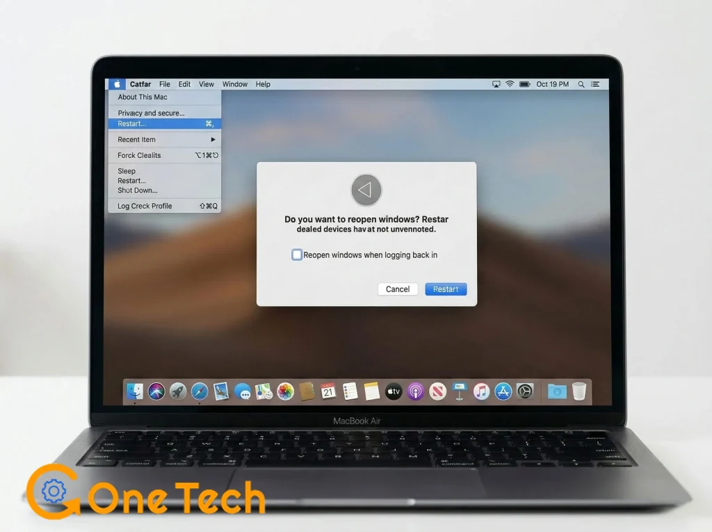 Apple Menu Restart screen on MacBook with the Reopen windows box unchecked to clear Hulu cache and fix 5G network handoff errors.