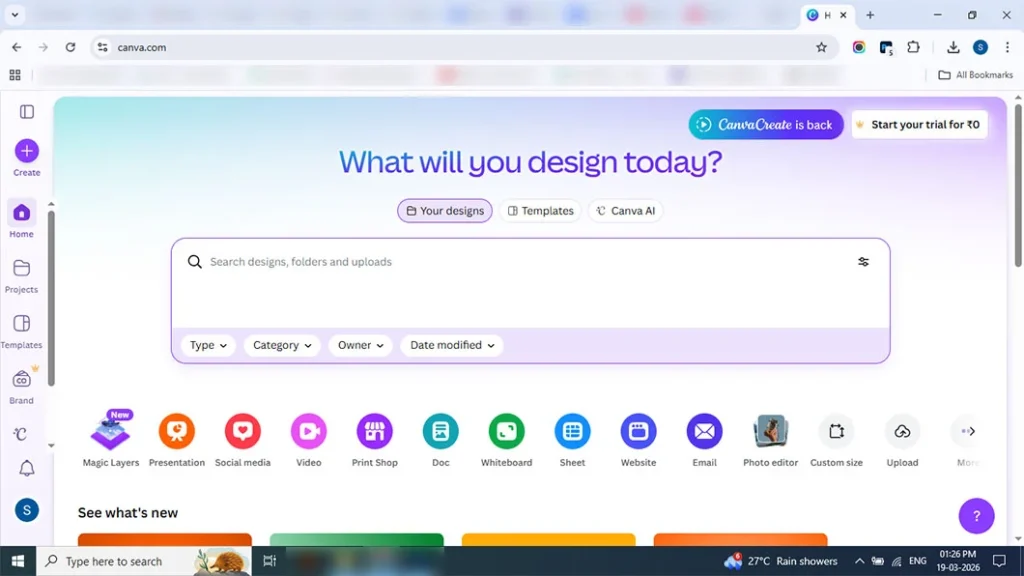 Opening Canva homepage to create Notes App Chic Instagram Reel design