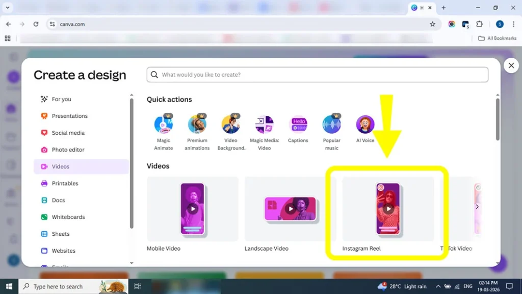 Selecting Instagram Reel template 1080x1920 in Canva editor