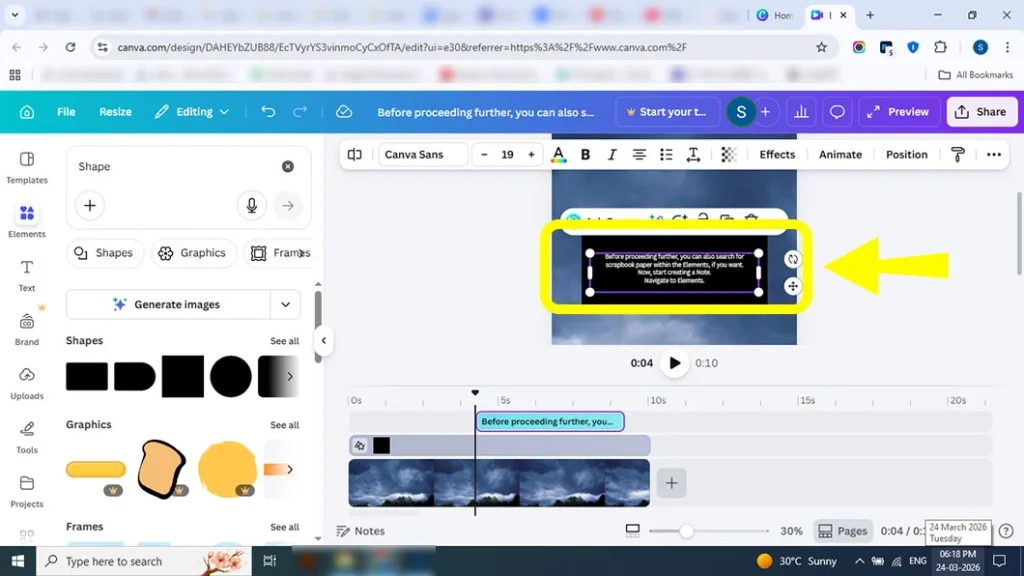 Typing brain dump text inside notes layout in Canva editor and use Using typewriter font style like Times New Roman for aesthetic notes reel