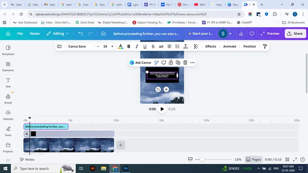 Selecting text in Canva to apply animation for Instagram reel