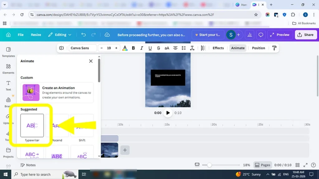 Applying typewriter animation effect to text in Canva Notes style reel
