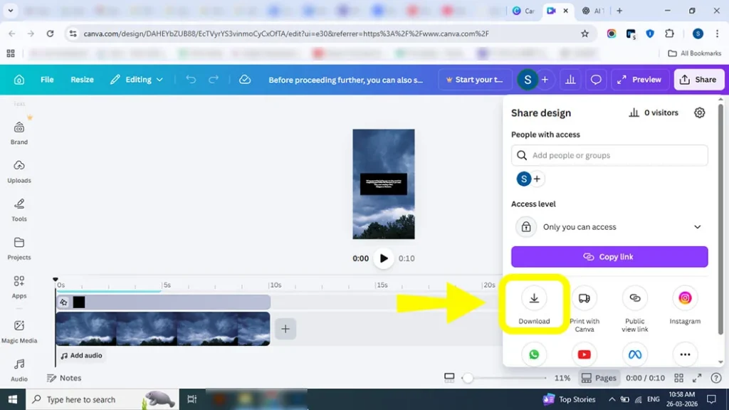 Clicking share and download option in Canva for video export