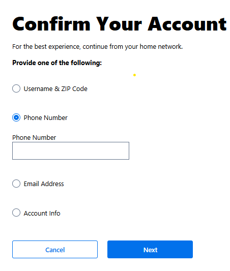 Spectrum account confirmation screen with options to verify Roadrunner email using username and ZIP code.
