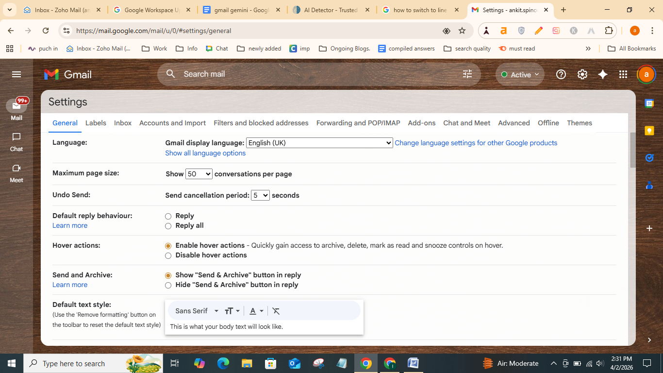 Gmail General tab in settings page