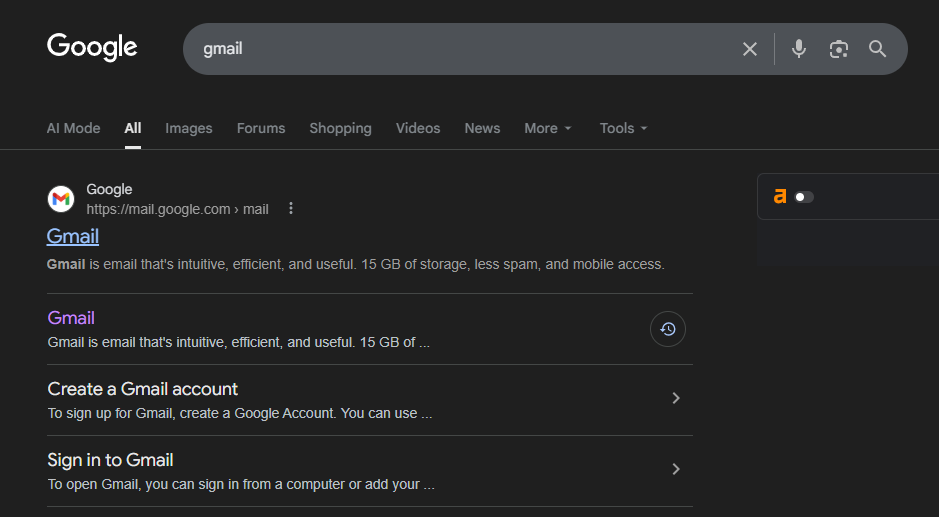 Search Gmail in browser using Google search