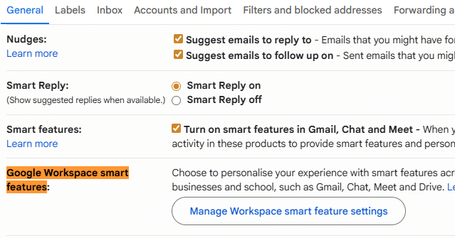 Google Workspace smart features settings in Gmail