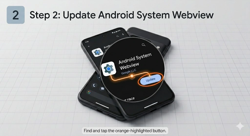 Google Play Store interface on Pixel 10 showing the Android System Webview update button highlighted.