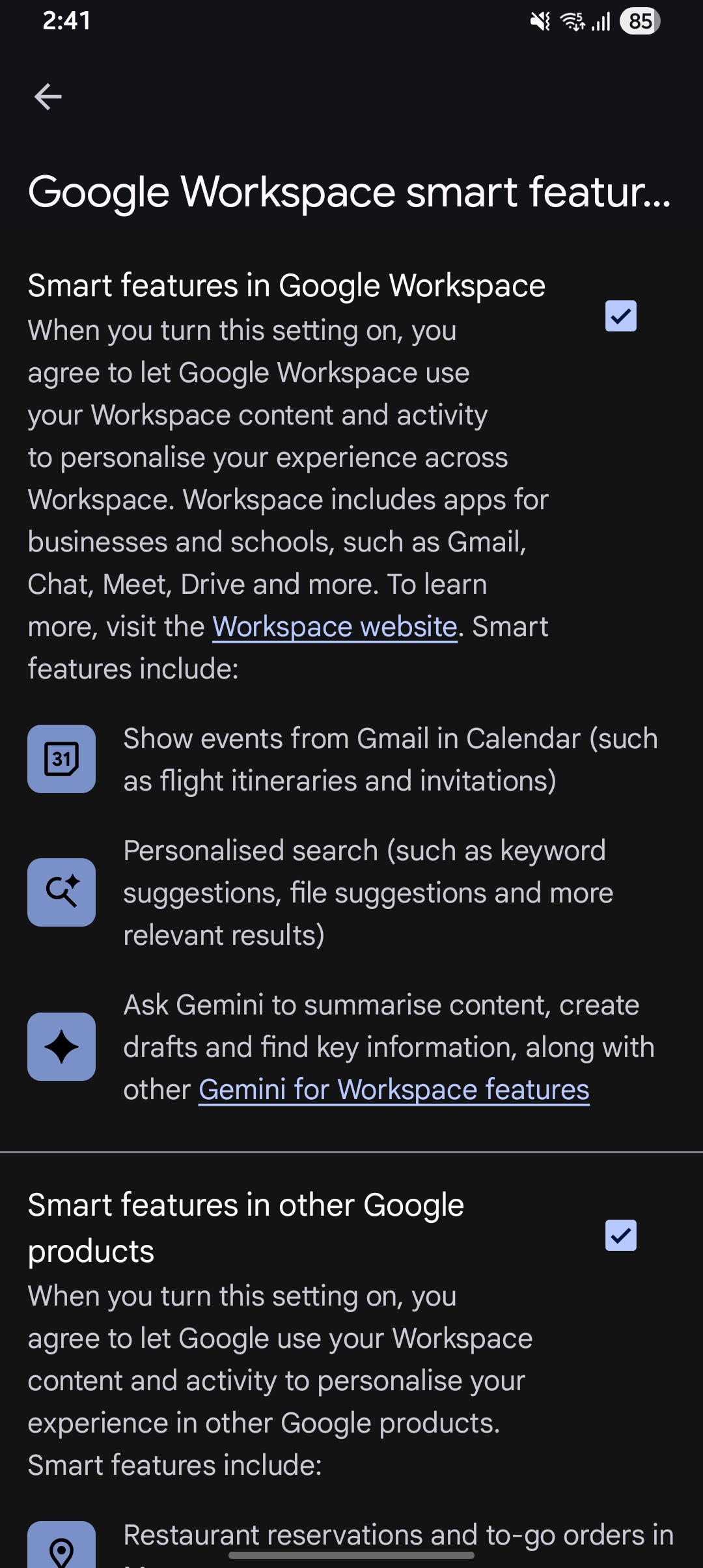 Disable Gmail smart features in Google Workspace settings