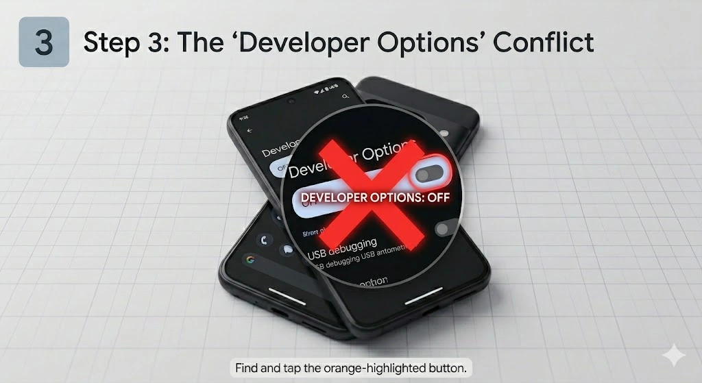 Pixel 10 Developer Options menu showing USB Debugging and Developer Options toggled to OFF.