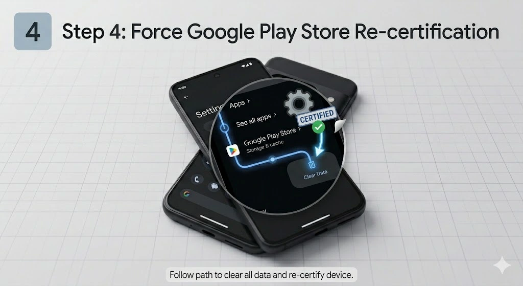Step-by-step path to clear Google Play Store data and fix Device Not Certified error on Pixel 10.