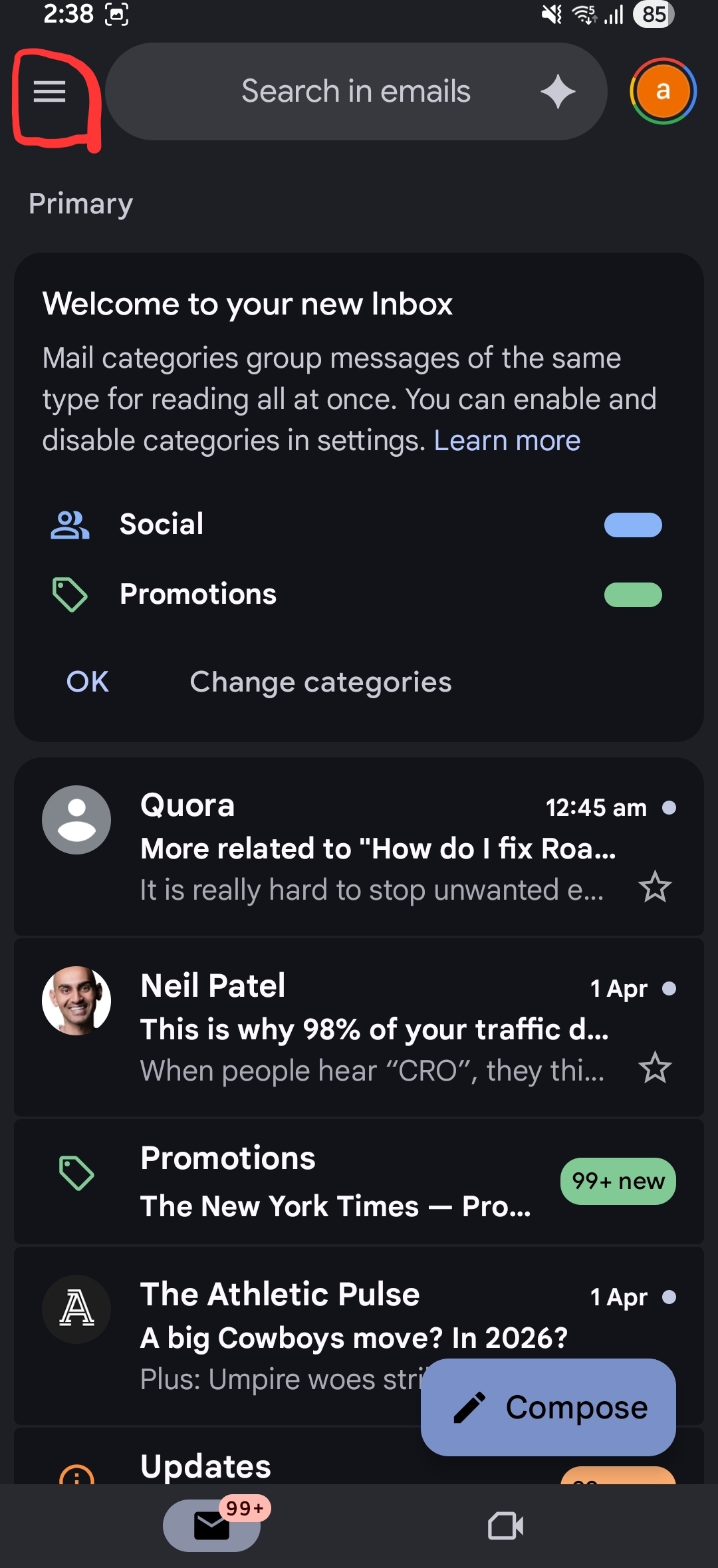Tap Gmail app hamburger menu icon top left