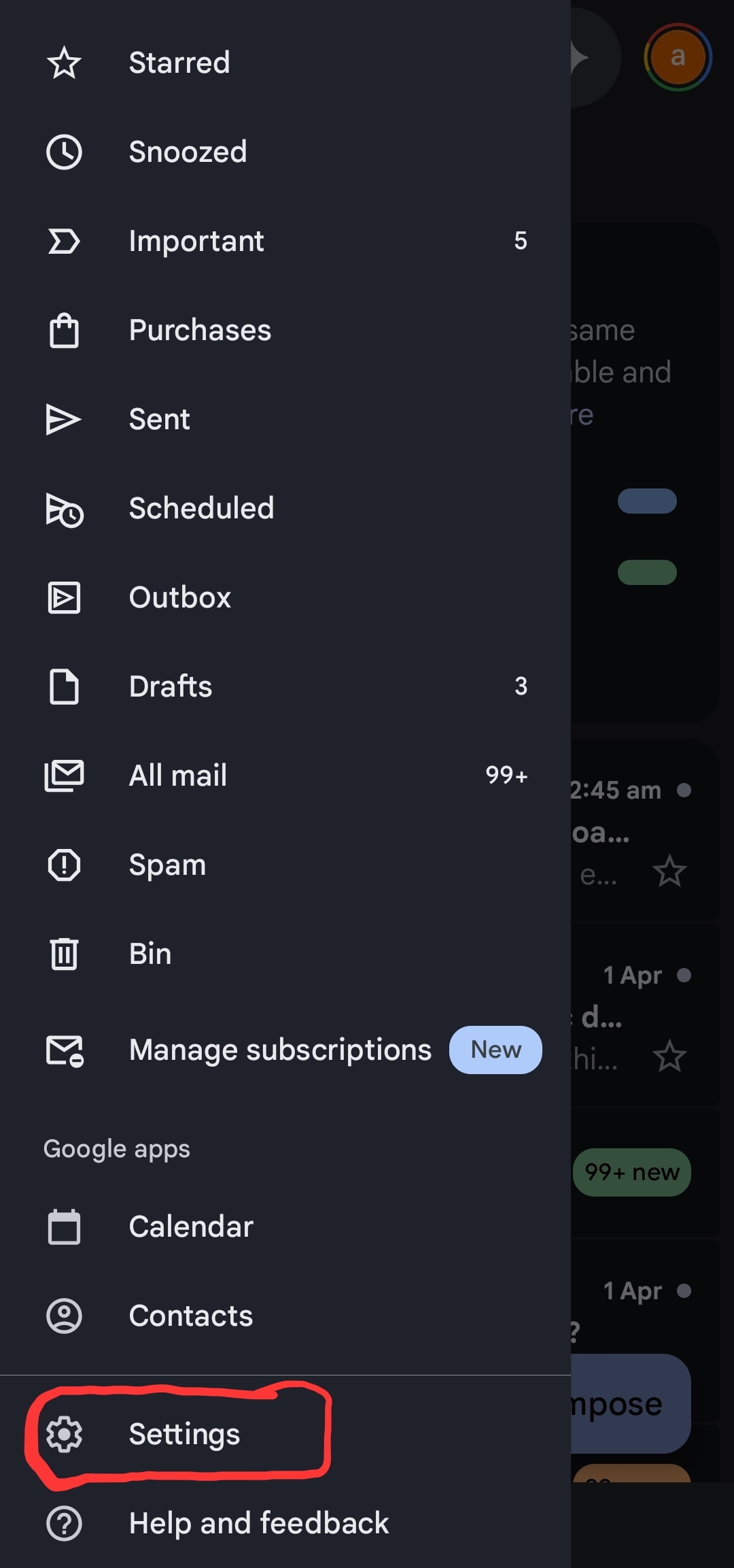 Gmail app settings option in menu list