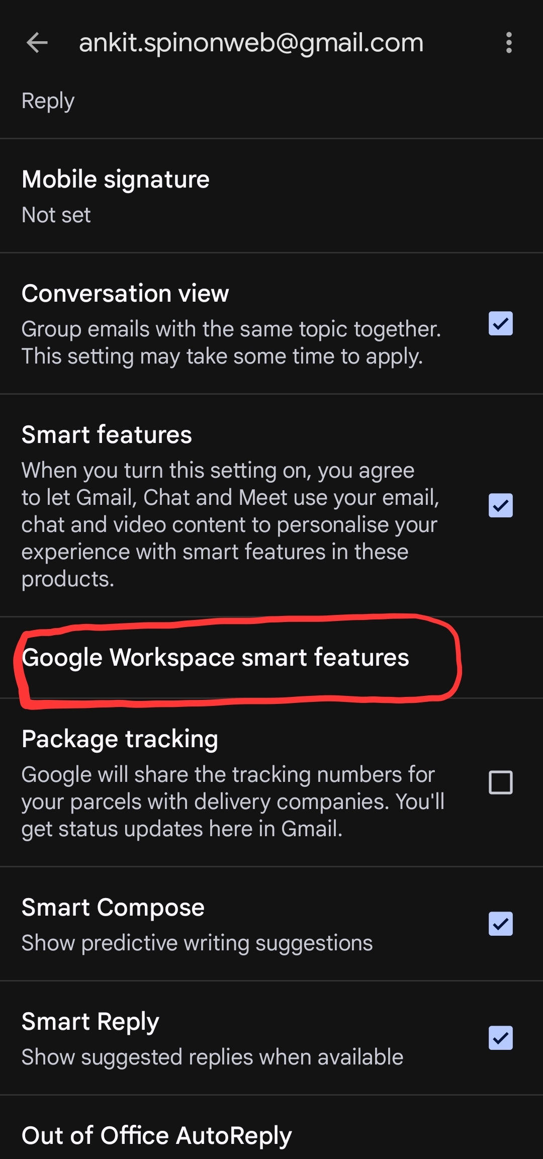 Google Workspace smart features option in Gmail app