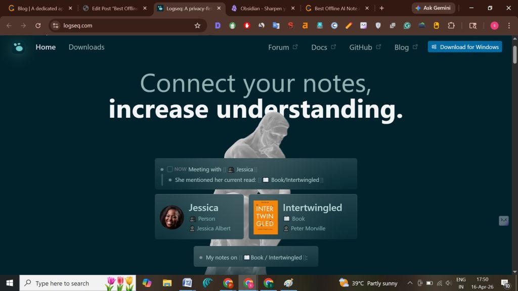 Logseq privacy-focused open-source outliner interface for student task management.
