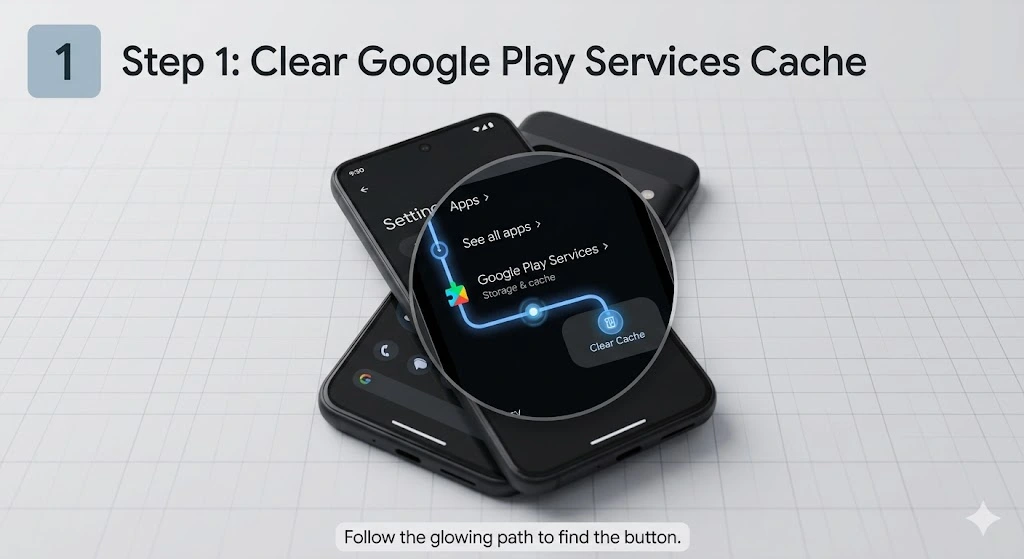 Step-by-step navigation path on Pixel 10 to clear Google Play Services cache for banking apps