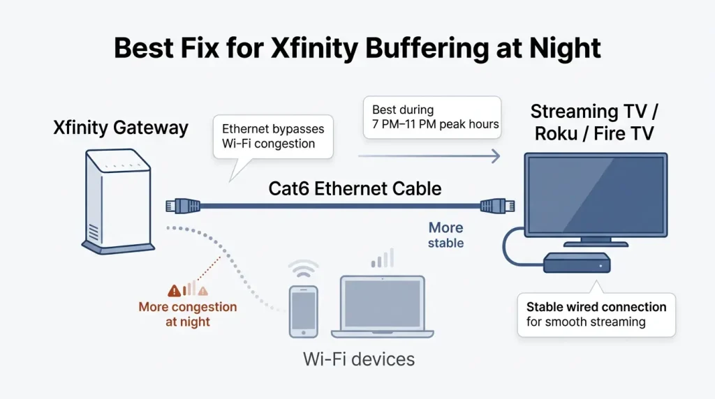Diagram showing an Xfinity gateway connected by Cat6 Ethernet cable to a streaming TV to reduce buffering at night.