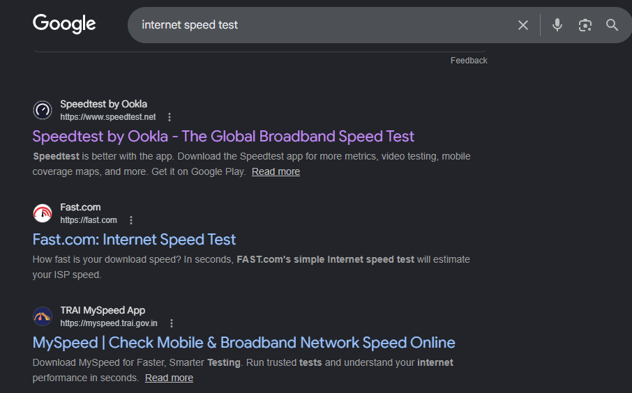 Google search results for internet speed test to check Peacock app streaming requirements