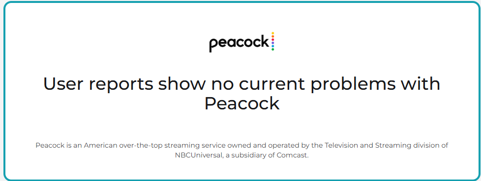 Downdetector status page showing no current outages for Peacock TV streaming service